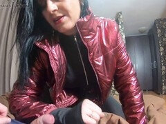 Nympho wife Milfycalla teases in her jumpsuit while playing with her camel toe and gets messy with some spunk on her shiny red jacket