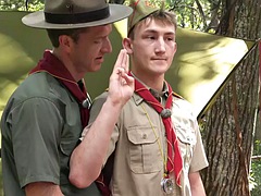 Outdoor DILF scout fucks bottom in public fuck under tent