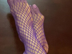 Really Sexy Legs with Tiny Feet with Long Toes in Purple Fishnet Stocking