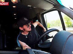German teen convinced in parking lot ride big cock well in driving van