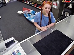 19 year old redhead client fucked in the office by the boss of the pawn shop