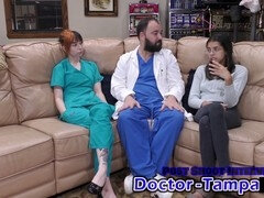 All natural teen in a gyno exam with a shaved pussy and a latex glove fetish