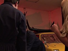 Working in the garage is exhausting, so two guys take a break to have anal sex with two mature women