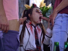 Zombie teen in white stockings gets fucked hard in threesome