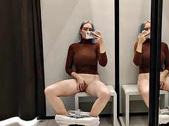 Masturbation in a shopping mall fitting room. I try on wearing transparent clothes in the fitting room and masturbate.