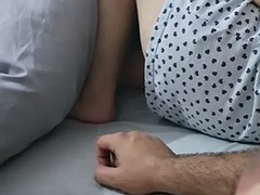 Shameless stepson sits on the bed naked near his stepmom with his cock out