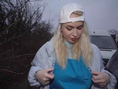 Student delivery girl with big tits gets her jeans ripped while delivering a creamy pizza in a public scene