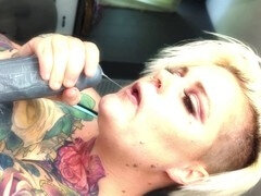 Tattooed busty blonde gives messy cumshot lube blowjob and moaning climax with sex toys