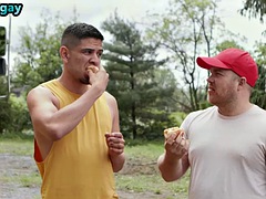 Manly stud fucks public bottom outdoors in a food trailer