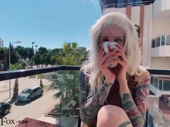 Sexy Blonde Play Pussy Sex Toy in the Public Cafe