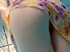 미인, 공개동영상, 일본인, 야외의, 풀, 공개적인, 빼빼한, 수중