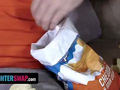 Step-daughters Kinsley Anne and Zoe Parker get down on the floor and blow their stepdads' lengthy sausages - daughterswap