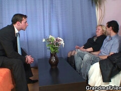 Hot blonde granny gets double penetrated by two hung studs