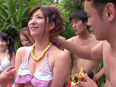 Brunetta, Giapponese, All'aperto, Festa, Piscina   biliardo, Rossa