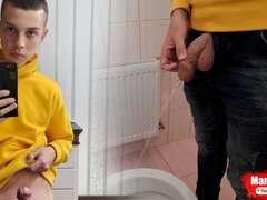 Guy Long Pisses in a Public Toilet and Takes a Selfie