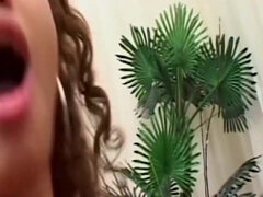 Latina with big tits takes on two hard cocks and takes a cumshot in her mouth