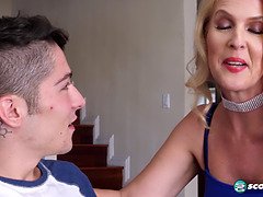 Old divorcee gives a happy ending to her daughter's fiancee's hard cock