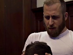 Seduced twink sucks bearded stepfather in front of the bar