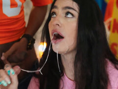 Busty baddie getting blowbanged by the footblal fans