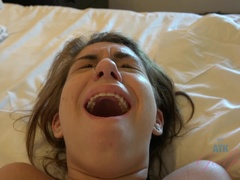 She squeezes her pussy until the creampie oozes out.