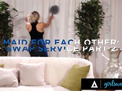 Busty Maid Nina Elle Eats Her Boss' Stepdaughter's Tight Pussy On The New Couch