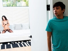 Cute-looking brunette with big boobs Jamie Michelle fucked in the bedroom