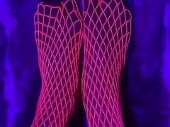 Pink Neon Fishnet on Sexy Small Asian Feet with Long Toes
