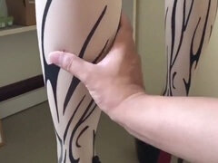 Stroking legs, nude body stocking, bodystocking