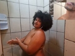 Juicy chubby bombshell gets drenched in shower before riding black stud's massive cock