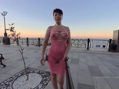 Naughty MILF Lada Flashes Pussy in Public Outdoor Upskirt Dress Cutting