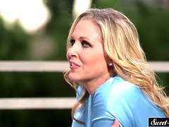 Gorgeous classy milf gags on a huge cock