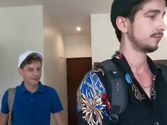 Muscular Latino and a pale lad having raw sex on the sofa