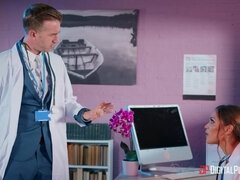 A young female doctor getting pounded on the desk in her office.