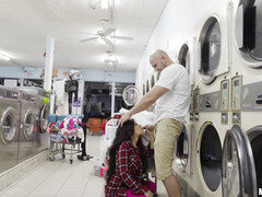 Brunette Caroline Ray sucks fat dick in the laundry