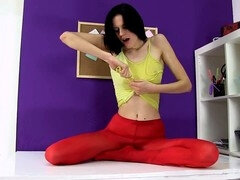 Nubile cutie Amanda Monroe tears her stockings and pees on a stool