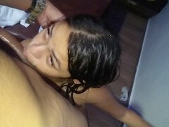 Cheating slut gives a messy blowjob and gets her big ass up for a rough session until I cum inside