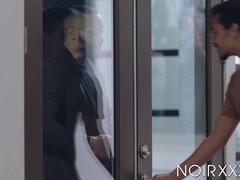 Buffed DeAngelo Jackson fucks Dominic Pacifico hard on his back until cumshot