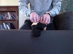 Foot Tickler Graduates to Foot Fucker, Deposits Spooge on Flexing Foot Bottoms!