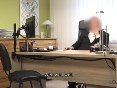 LOAN4K. Bank clerk cant wait to see his clients massive fake tits - Hd