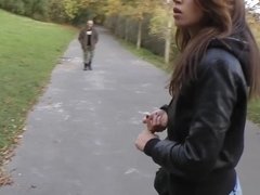 The horny bloke asked his brunette babe to suck him off in the park