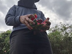 Thai Worker Cum With Watermelon
