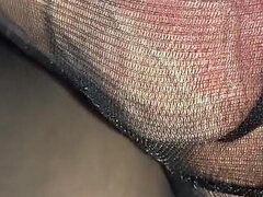My Giant Hard Sissy Cock Cums in the Borrowed Shiny Sexy Black Pantyhose and Red Thong