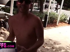 Gorgeous Teens Meet Two Athletic Dudes At The Beach And Follow Them For A Quickie By The Pool