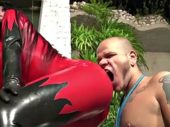 Busty shemale dressed in inflatable latex fucks her boyfriend