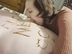 Steamy MILF has a massive cum stream in her mouth and spits it on a chubby guy