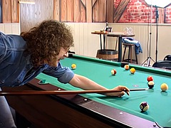 Horny brunette plays billiards and gets the ball in her pussy