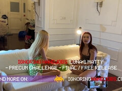 Two Girls 1 Guy Lots of Cumshots on Them with Precum Challange Handjob Contest