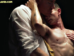 Submissive skinny twink gets oiled by dom DILF in suit