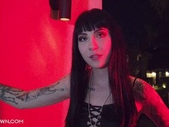 Tattooed butch lesbian gives emo Charlotte an anal strapon pounding.