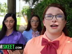 Redhead schoolgirl Ella Cruz and her friends get naughty with a creampie surprise